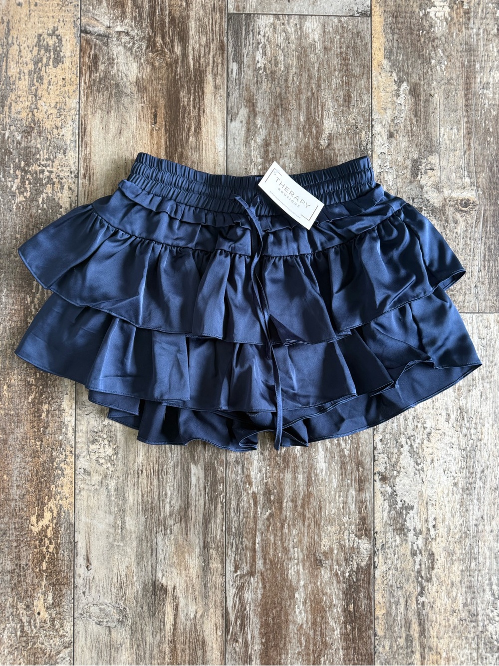 2 for $30 sale: NWT day + moon navy blue silky smocked waist ruffled shorts - M - Picture 3 of 7